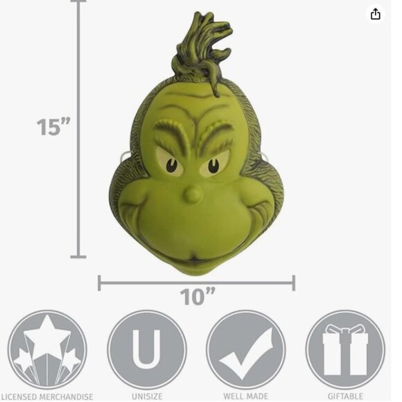 Grinch Mask Costume Halloween or Chrismas Dr. Seuss - Picture 3 of 4